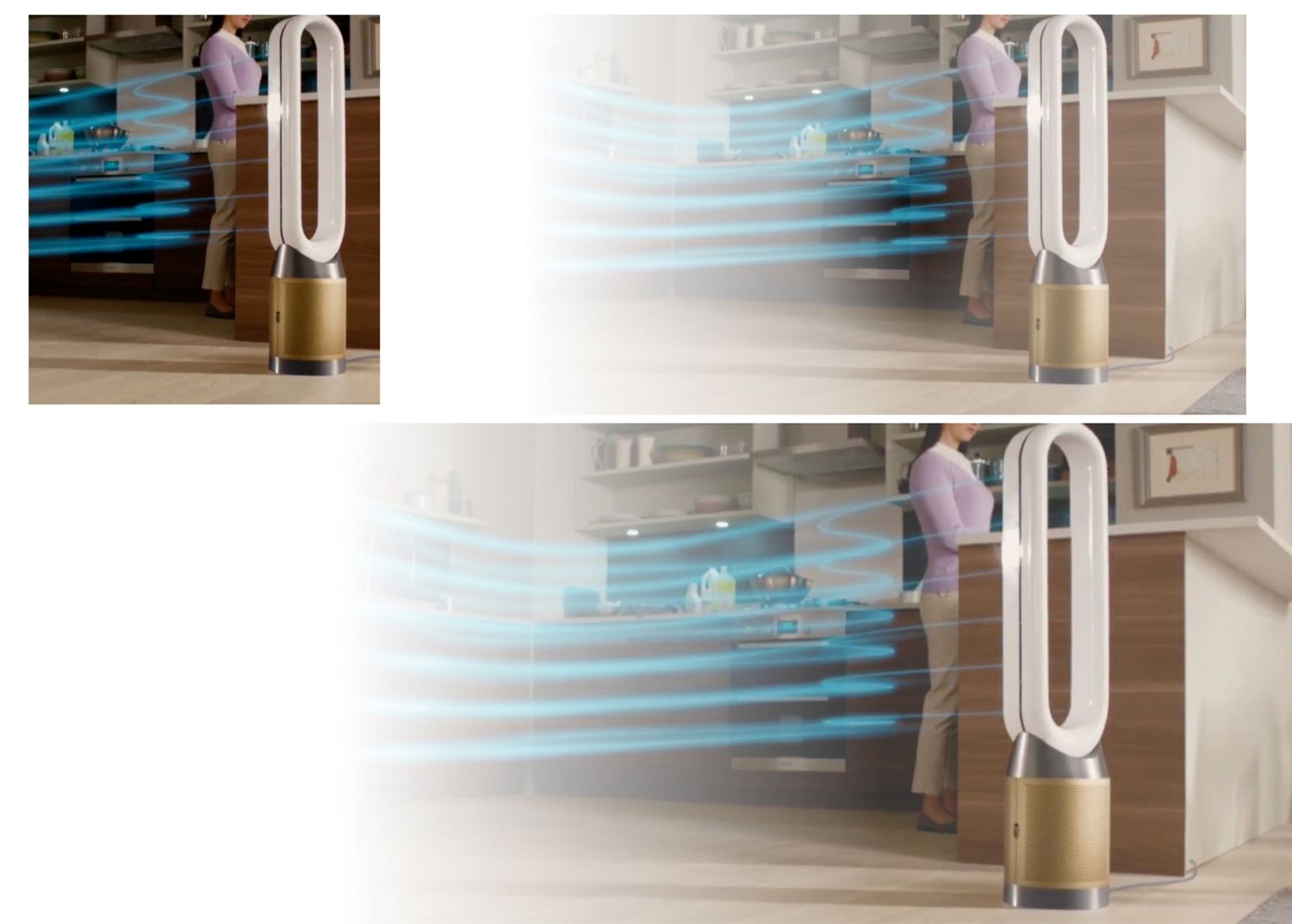 Il purificatore d'aria Dyson aspira le particelle presenti nell'aria e soffia un flusso di aria pulita.